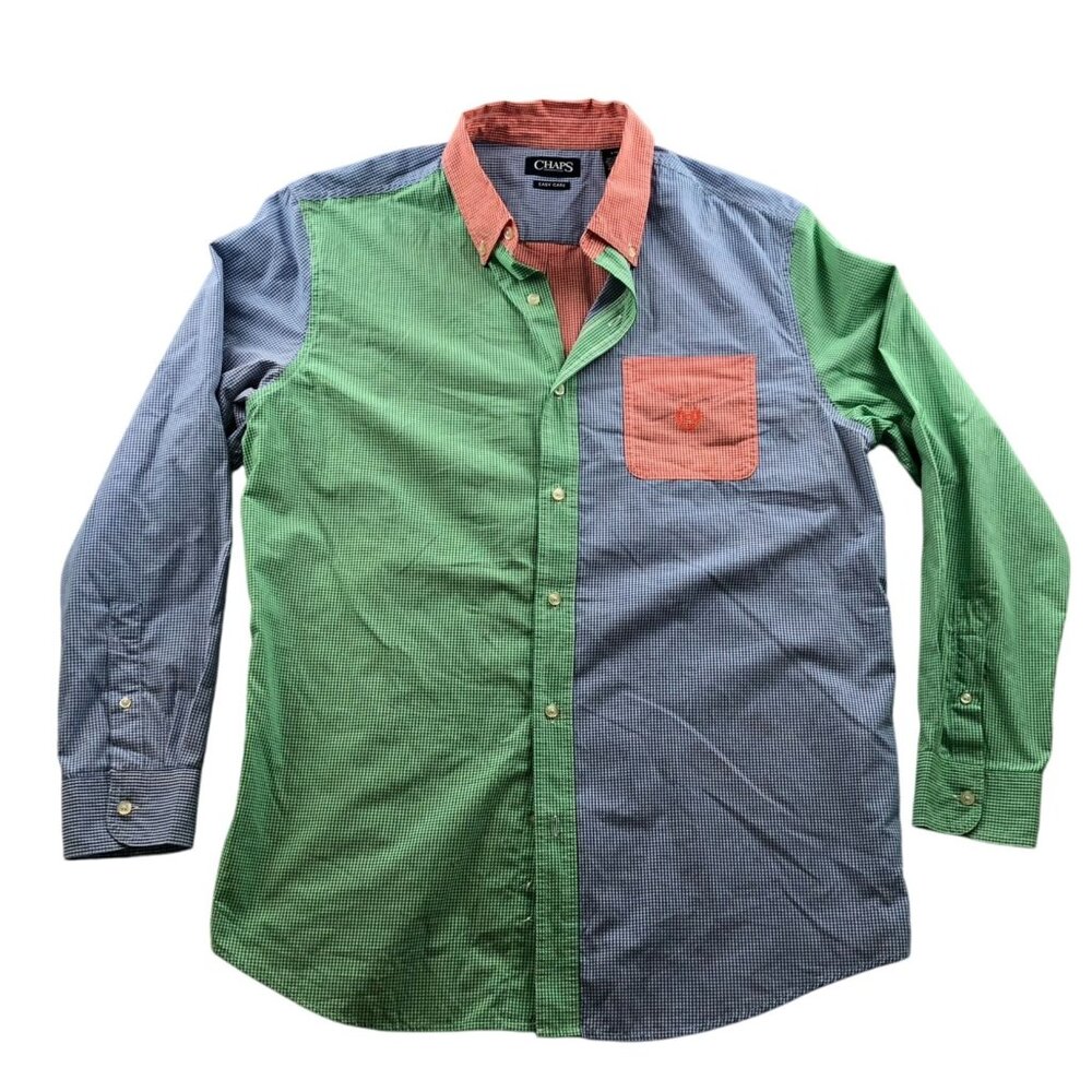 Vintage Chaps Mens Shirt Large Colorblock Check Button Down Greeen Y2K Retro
